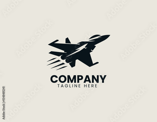 Military jet fighter flying in fast motion vector logo illustration for aviation branding