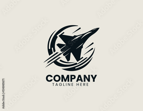 Fighter jet vector logo with modern flat design style representing speed and military power