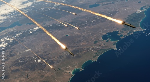 Missile Strike over the Coast: A dramatic aerial perspective captures the moment of a ballistic missile launch, streaks of fire and smoke trailing across the atmosphere towards a coastal region.