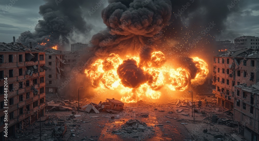 Devastation: An intense, high-angle view of a city engulfed in flames, with buildings crumbling amid an apocalyptic explosion. Capturing the raw power and destruction of conflict. Devastation: An intense, high-angle view of a city engulfed in flames, with buildings crumbling amid an apocalyptic explosion. Capturing the raw power and destruction of conflict.