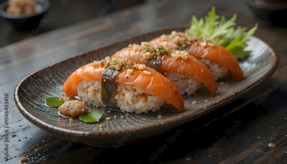 Plate of sushi placed on a wooden table showcasing Japanese food elements with artistic presentation and natural textures Plate of sushi placed on a wooden table showcasing Japanese food elements with artistic presentation and natural textures