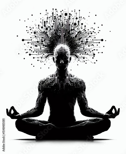 A black and white silhouette of a cyborg in a state of meditation who materializes his ideas on a white isolated background. vector graphics. EPS.