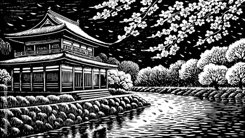 Riverside temple surrounded by cherry blossoms during spring bloom, a black and white sketch vector