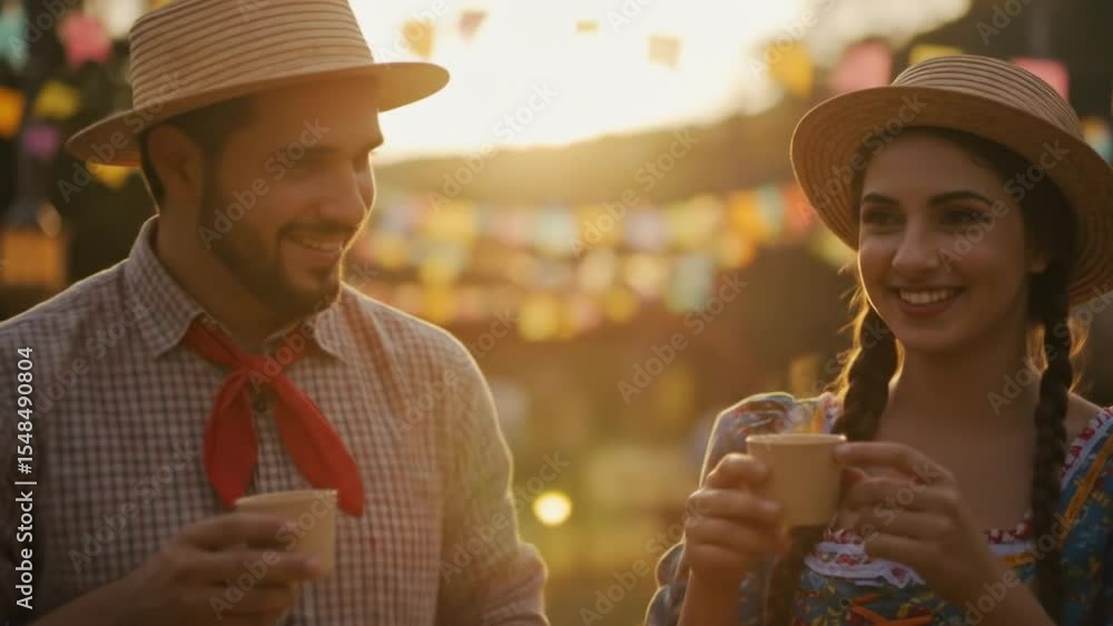 Casal com chapéus de palha segurando bebidas e bolo em uma celebração de festa junina ao ar livre

