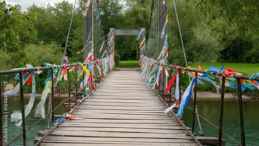 Colorful ribbons on wooden suspension bridge over calm river amid lush greenery Colorful ribbons on wooden suspension bridge over calm river amid lush greenery