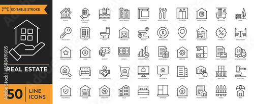Real estate outline icon set. Containing House, building, rent, property, mortgage, renovation, home loan and more. Editable stroke. Vector illustration.