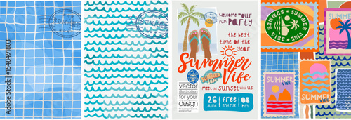 Summer, pool, water. Vector illustrations of postage stamps and poster with beach, sunbathing feet in flip flops or sandals, palm tree, doodle wave pattern, pool tile texture for background, poster