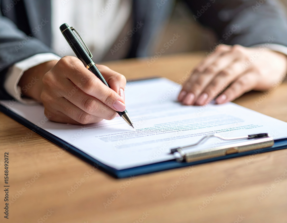 Person is signing contract on wooden table, showcasing professional setting. focus is on hand holding pen, emphasizing act of commitment and agreement Person is signing contract on wooden table, showcasing professional setting. focus is on hand holding pen, emphasizing act of commitment and agreement