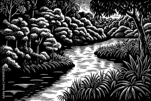 Lush river delta with braided streams, a black and white sketch vector