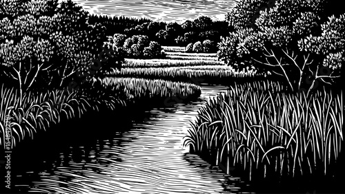 Lush river delta with braided streams, a black and white sketch vector