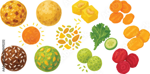 Fun and Healthy Vegan Snacks and Treats in Colorful Loose Watercolor Style - Plant-Based Bites and No-Bake Goodies Illustration for Guilt-Free Indulgence | Generative AI