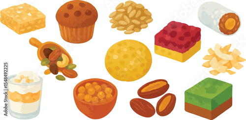 Fun and Healthy Vegan Snacks and Treats in Colorful Loose Watercolor Style - Plant-Based Bites and No-Bake Goodies Illustration for Guilt-Free Indulgence | Generative AI
