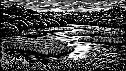 Lush river delta with braided streams, a black and white sketch vector