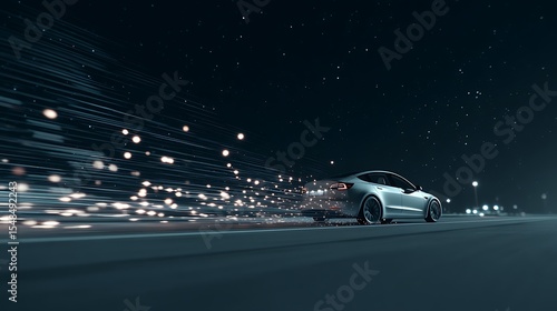Car Speeding at Night with Light Streaks and Stars