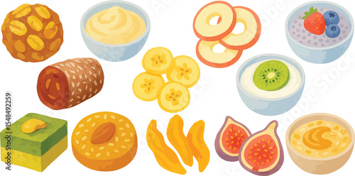 Fun and Healthy Vegan Snacks and Treats in Colorful Loose Watercolor Style - Plant-Based Bites and No-Bake Goodies Illustration for Guilt-Free Indulgence | Generative AI