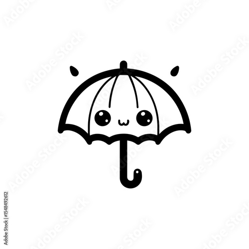 A cute, cartoon umbrella with a happy face, rain droplets falling.