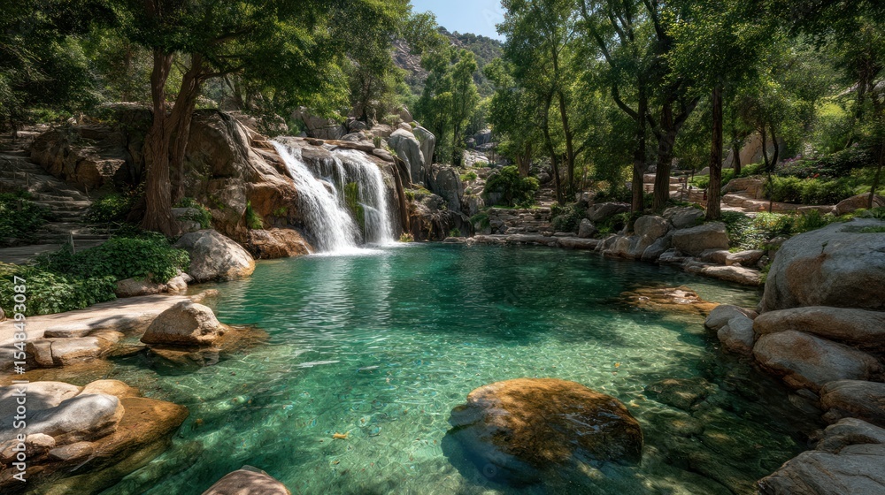 Fototapeta premium Idyllic cascade oasis: Waterfall cascading into a pristine pool surrounded by lush nature