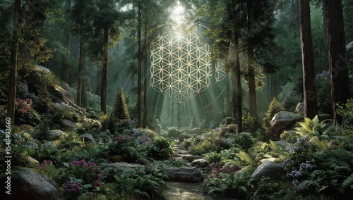 Sacred geometry: Flower of life symbol glows in a misty forest scene