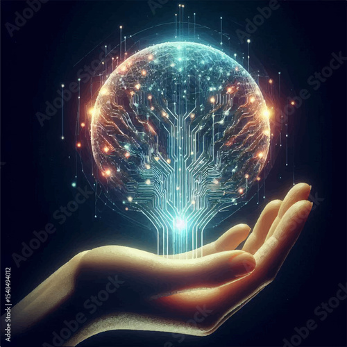A human hand holds a glowing electronic sphere as a symbol of control over technological progress. Vector graphics. EPS.