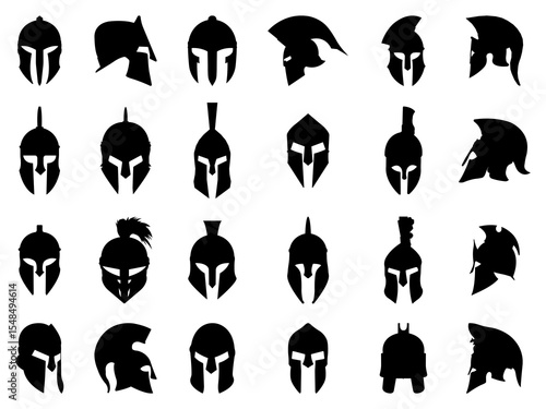 Set of Spartan Helmet Silhouette in various poses isolated on white background