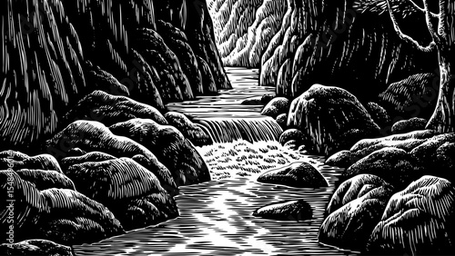 Highland river tumbling over boulders in a steep gorge with mossy walls, a black and white sketch vector