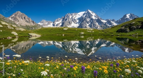 Fototapeta Naklejka Na Ścianę i Meble -  Mountain lake reflection flowers alpine landscape scenic view summer nature travel destination outdoor beauty
