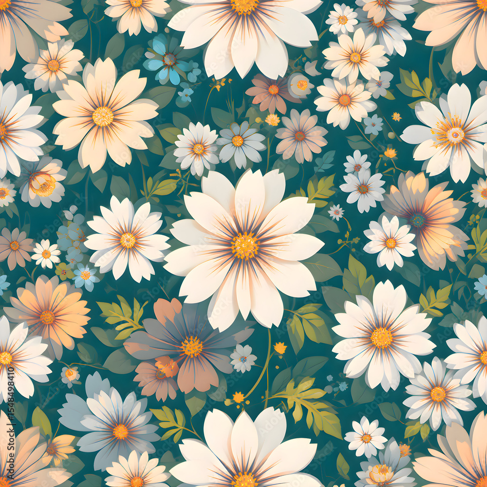 White and yellow flowers arranged across a green background in a decorative botanical seamless pattern resembling a spring meadow White and yellow flowers arranged across a green background in a decorative botanical seamless pattern resembling a spring meadow
