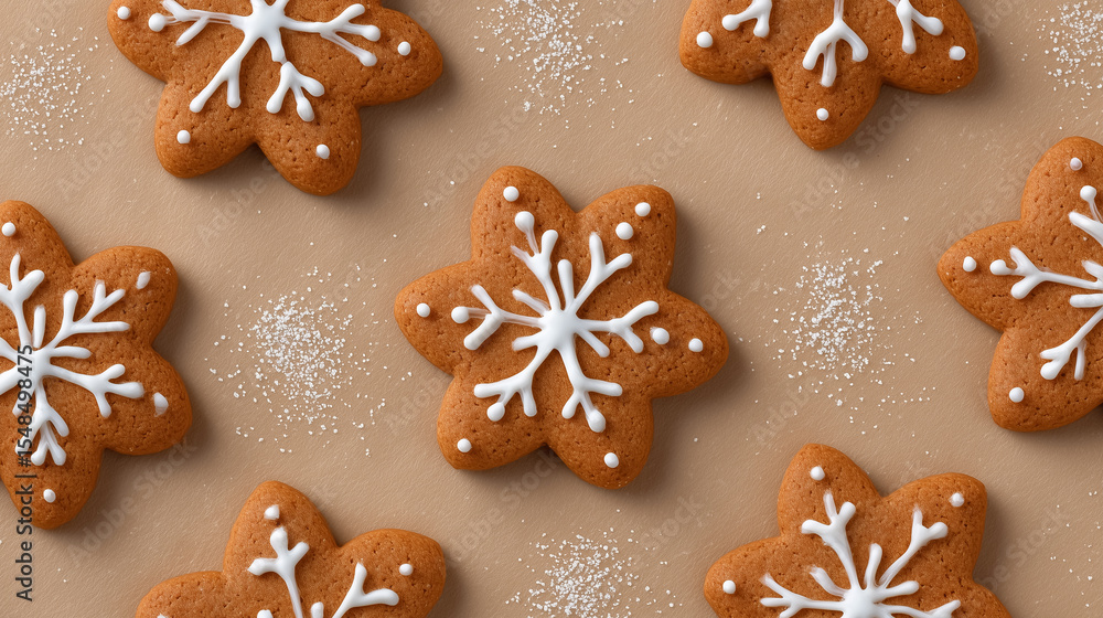 Festively designed gingerbread cookies scattered on light beige surface with delicate white icing patterns. Soft lighting enhances warm texture Festively designed gingerbread cookies scattered on light beige surface with delicate white icing patterns. Soft lighting enhances warm texture
