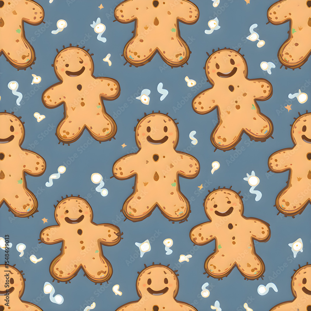 Gingerbread cookies of various shapes and designs placed over a blue background forming a festive and sweet holiday illustration seamless pattern Gingerbread cookies of various shapes and designs placed over a blue background forming a festive and sweet holiday illustration seamless pattern