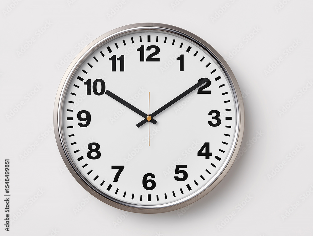 Wall clock displaying the time in a minimalist design on a plain background Wall clock displaying the time in a minimalist design on a plain background