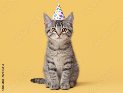 Cute striped kitten wearing a birthday hat celebrates its special day against a bright yellow background