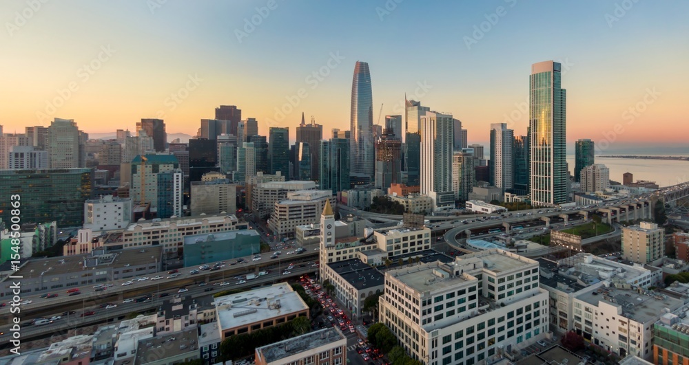 Obraz premium Aerial view of San Francisco, California, USA, at sunset. Cars travel on highways and city streets below the skyline, showcasing urban life and transportation.