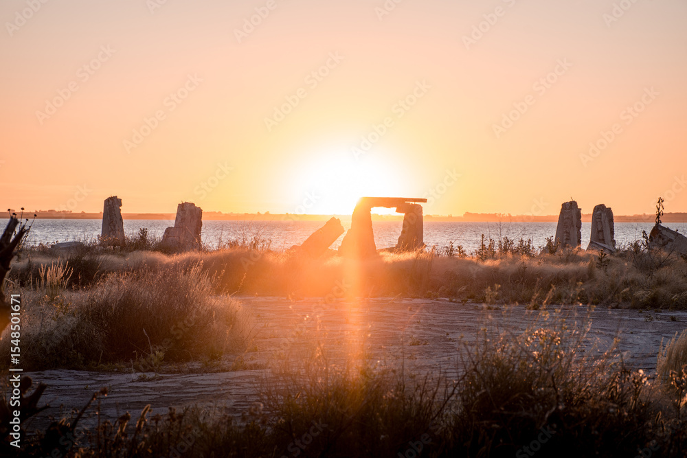 Fototapeta premium Night photography of a ruined building, destroyed, demolished by catastrophe.