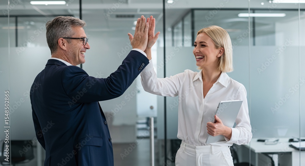 Obraz premium Happy smiling successful Hispanic businessman and young European professional business woman celebrating achieving superior performance, outcomes in work giving high five standing in office workspace.