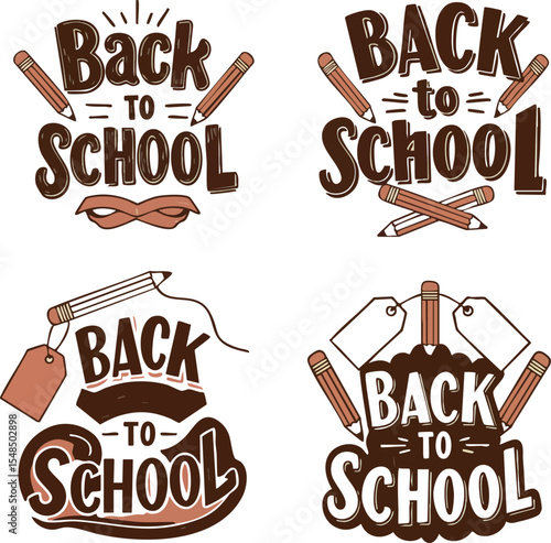 Back to school lettering with pencils and tags vintage style vector illustration set