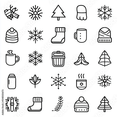 Simple black and white line art of Winter icons