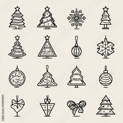 Simple black and white line art of Christmas icons