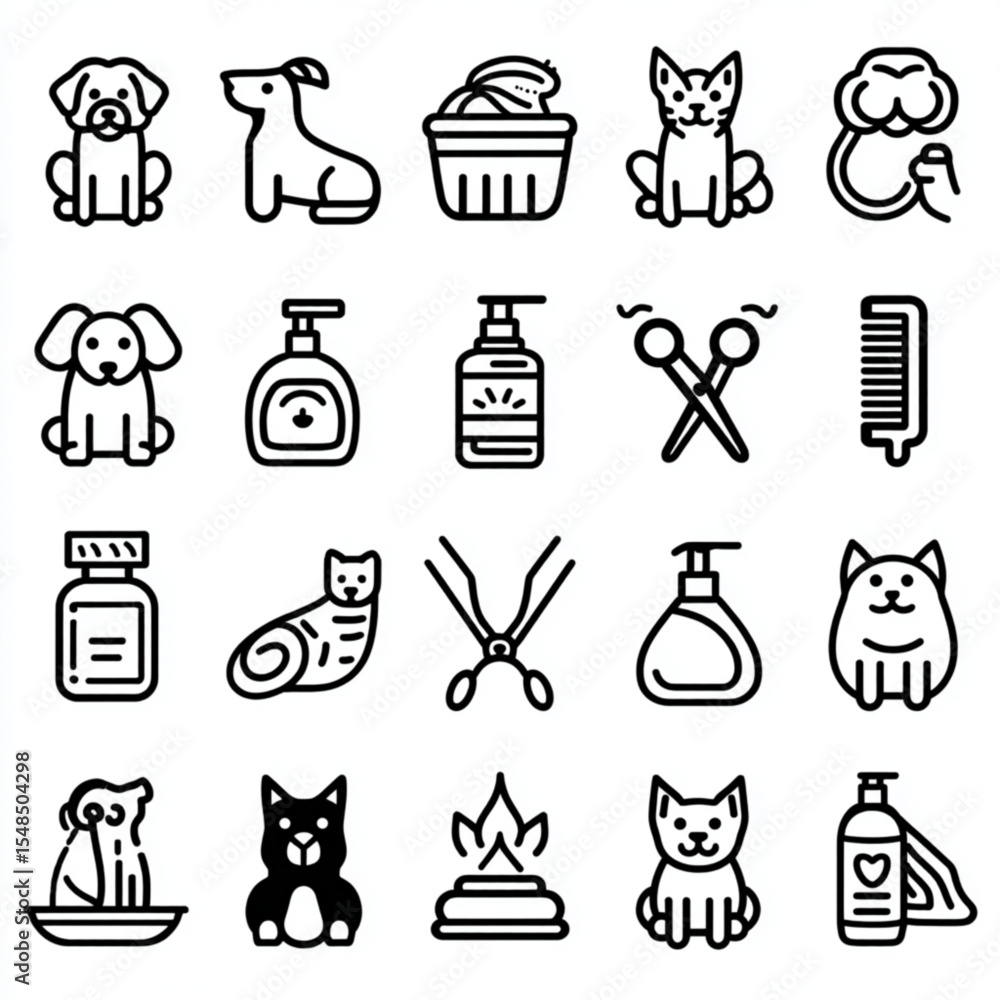 Fototapeta premium Simple black and white line art of Pet Grooming icons