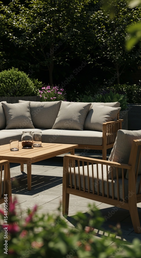 Sunlit Teak Patio Furniture Set Amidst Lush Greenery Sunlit Teak Patio Furniture Set Amidst Lush Greenery