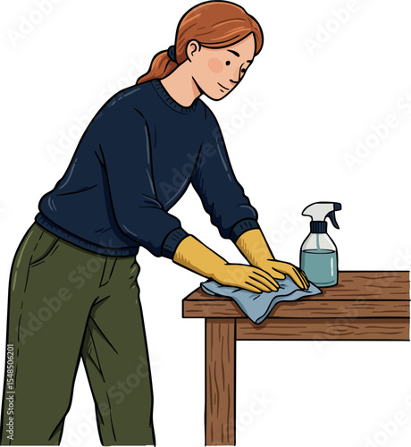 Woman cleaning wooden table with cloth and spray bottle in casual clothing vector illustration