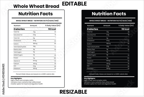 Whole Wheat Bread nutrition facts, nutrition facts, food label, calorie chart, protein infographic, healthy eating, vitamin chart, editable template, 