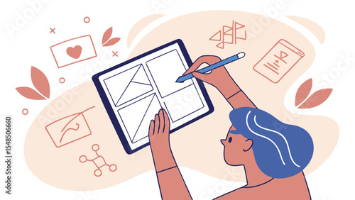 Woman designing wireframes on a tablet with a stylus pen