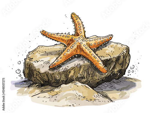 white background, Starfish clinging to a rock - isolate on an ocean floor background., very simple and isolate in the style of animated illustrations with drawings in pencil easy, white background