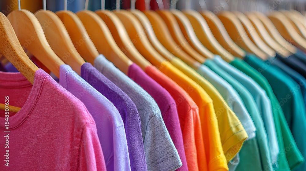 Fototapeta premium Colorful TShirt Collection Rainbow Fashion Apparel Variety Soft Cotton Shirts Summer Style Casual Wear Bright Rainbow Hues Trendy Clothing Design shop sale range image photo store 