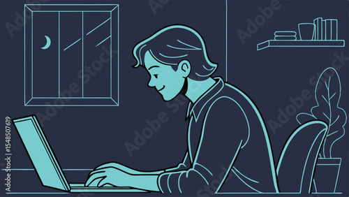 Person Working on Laptop at Night in Home Office