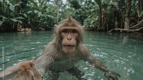 Illustrates an adventurous adult monkey standing in a jungle lagoon, creating the impression of a selfie.