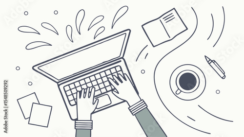 Top-down view of hands typing on a laptop with coffee and notebook