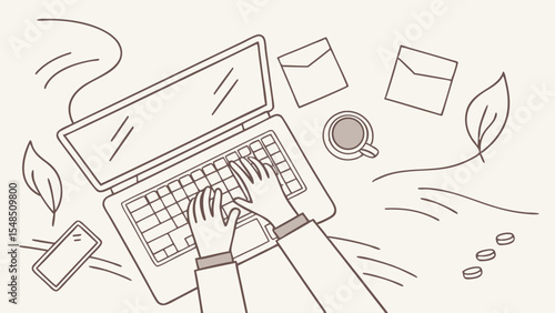 Hands Typing on Laptop with Coffee and Envelopes. Line Art Vector of Hands Typing on Laptop with Coffee Cup, Smartphone, and Office Elements for Remote Work and Freelance Concept.