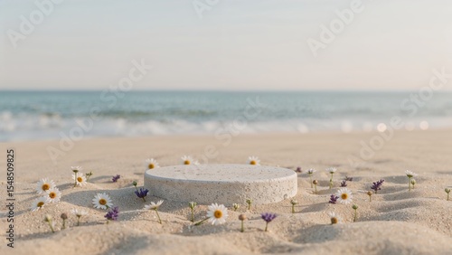 Wallpaper Mural Minimal Summer Skincare Mockup Scene with Stone Pedestal on Sand and Floral Accents Torontodigital.ca