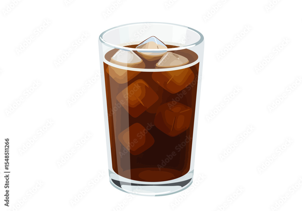 A glass filled with a dark liquid and ice cubes A glass filled with a dark liquid and ice cubes